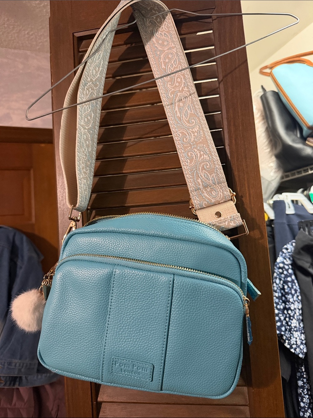 Pom Pom London Light Blue Crossbody Bag with Patterned Strap